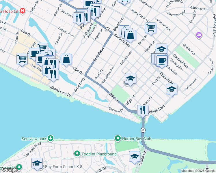 map of restaurants, bars, coffee shops, grocery stores, and more near 2814 Calhoun Street in Alameda