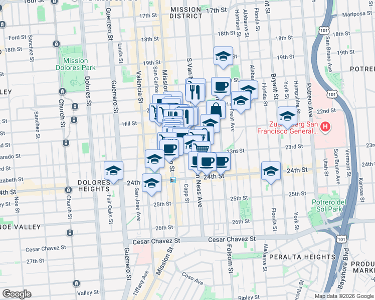 map of restaurants, bars, coffee shops, grocery stores, and more near 1136 South Van Ness Avenue in San Francisco