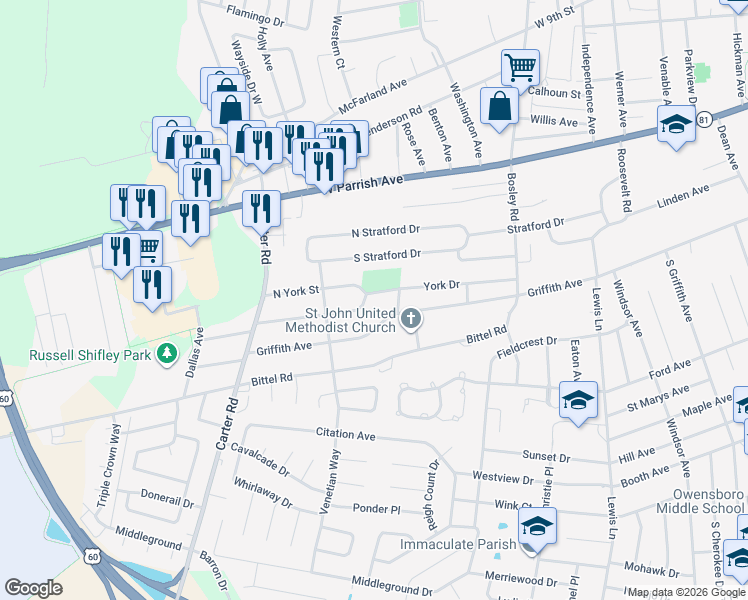 map of restaurants, bars, coffee shops, grocery stores, and more near 2201 York Drive in Owensboro