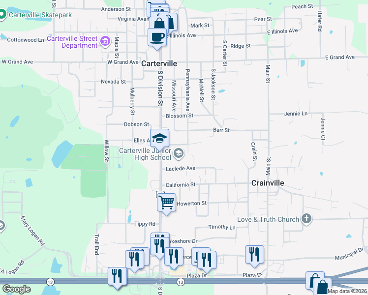 map of restaurants, bars, coffee shops, grocery stores, and more near 610 Pennsylvania Avenue in Carterville