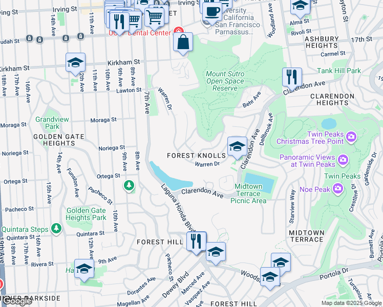 map of restaurants, bars, coffee shops, grocery stores, and more near 409 Oak Park Drive in San Francisco