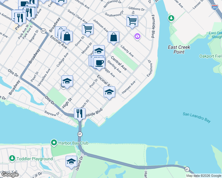 map of restaurants, bars, coffee shops, grocery stores, and more near 3274 Encinal Avenue in Alameda