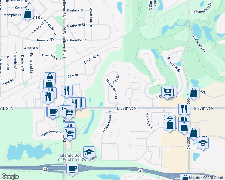 map of restaurants, bars, coffee shops, grocery stores, and more near 6901-6999 39th Street in Wichita