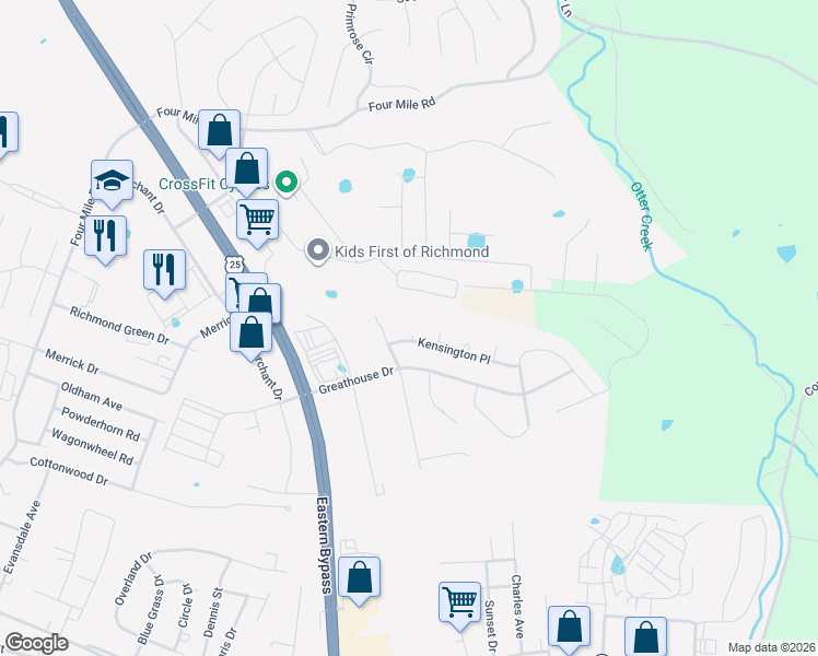 map of restaurants, bars, coffee shops, grocery stores, and more near 109 Kensington Place in Richmond
