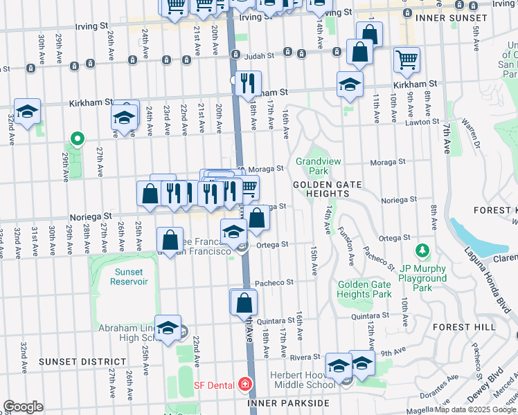 map of restaurants, bars, coffee shops, grocery stores, and more near Noriega Street & 18th Avenue in San Francisco