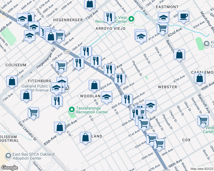 map of restaurants, bars, coffee shops, grocery stores, and more near 1344 82nd Avenue in Oakland