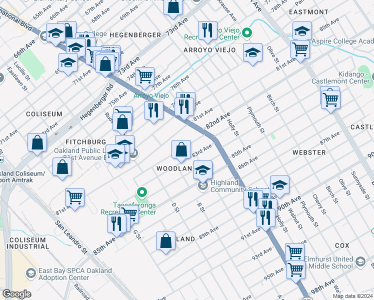 map of restaurants, bars, coffee shops, grocery stores, and more near 1279 82nd Avenue in Oakland