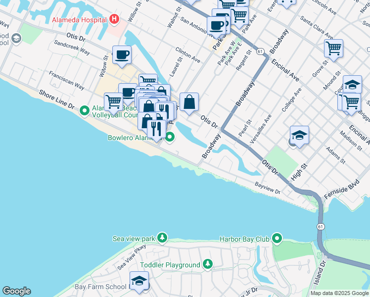 map of restaurants, bars, coffee shops, grocery stores, and more near 400 Park Street in Alameda