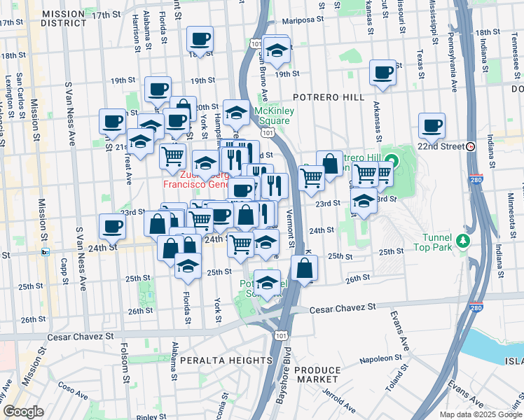 map of restaurants, bars, coffee shops, grocery stores, and more near 1001 Potrero Avenue in San Francisco