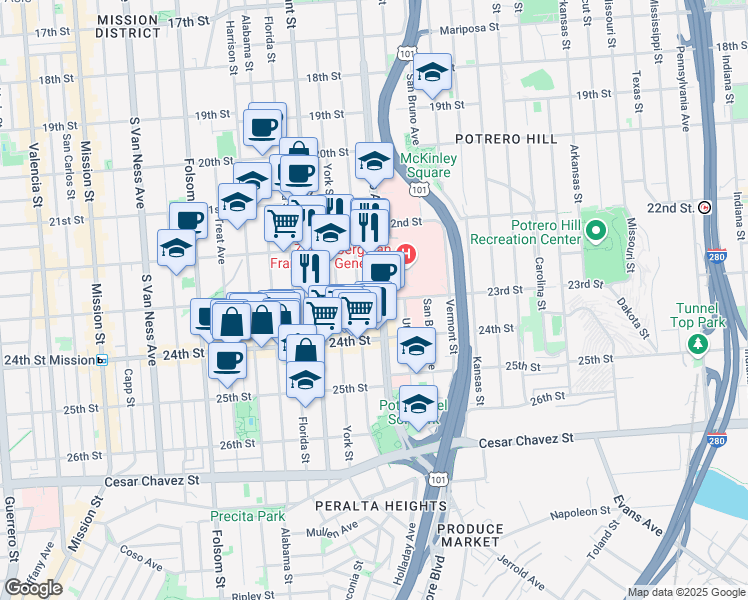 map of restaurants, bars, coffee shops, grocery stores, and more near 1075 Hampshire Street in San Francisco