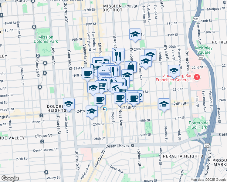 map of restaurants, bars, coffee shops, grocery stores, and more near 1136 South Van Ness Avenue in San Francisco