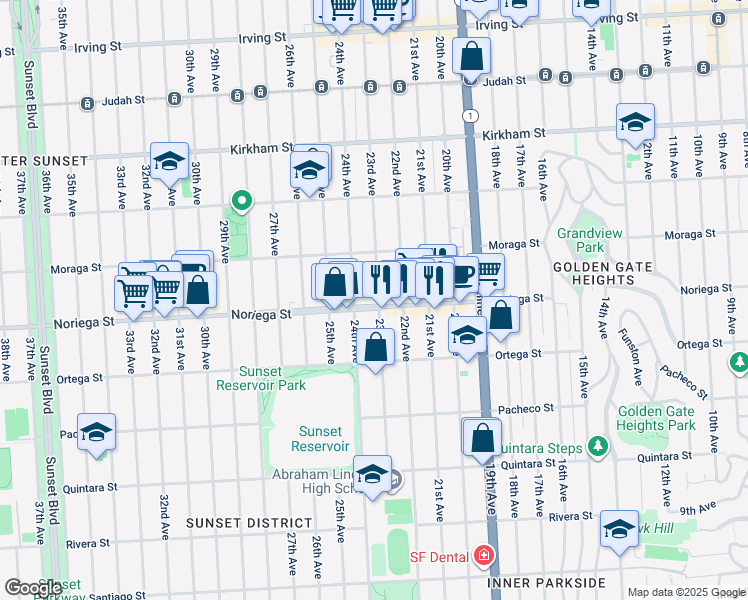 map of restaurants, bars, coffee shops, grocery stores, and more near 1751 23rd Avenue in San Francisco