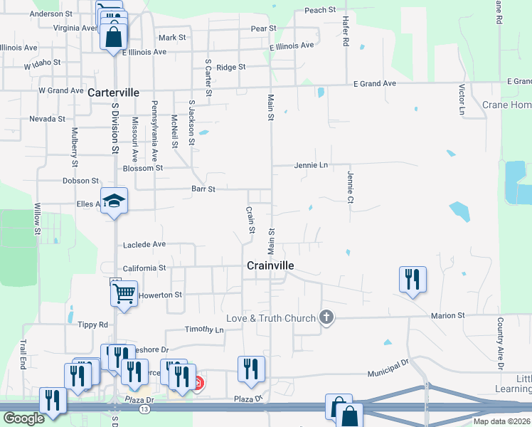 map of restaurants, bars, coffee shops, grocery stores, and more near 700-798 Adams St in Carterville