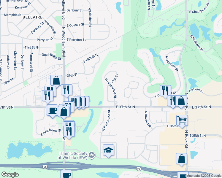 map of restaurants, bars, coffee shops, grocery stores, and more near 6901-6999 39th Street in Wichita