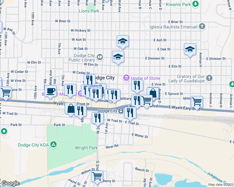 map of restaurants, bars, coffee shops, grocery stores, and more near 2 East Spruce Street in Dodge City