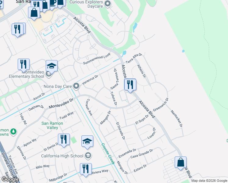 map of restaurants, bars, coffee shops, grocery stores, and more near 12228 Toluca Drive in San Ramon