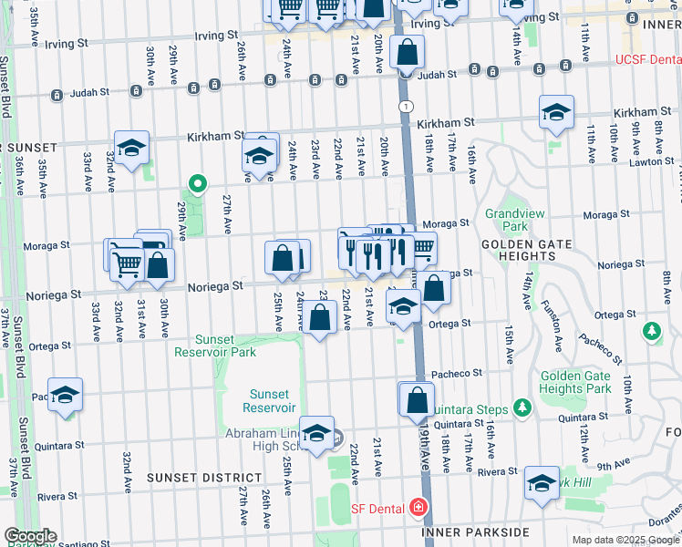 map of restaurants, bars, coffee shops, grocery stores, and more near 1750 22nd Avenue in San Francisco