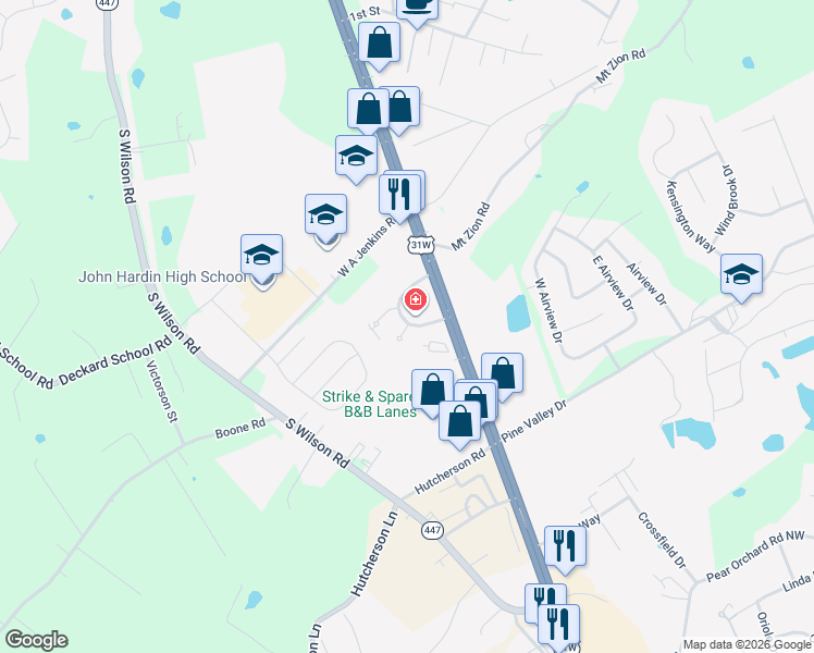map of restaurants, bars, coffee shops, grocery stores, and more near 113 Cambridge Circle in Elizabethtown