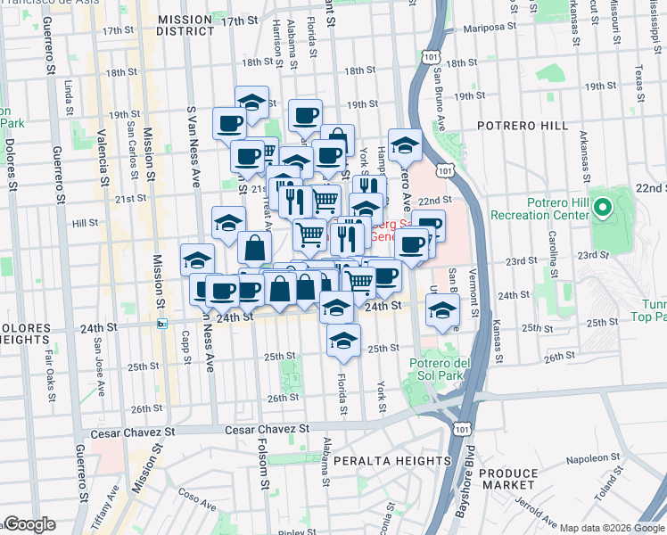 map of restaurants, bars, coffee shops, grocery stores, and more near 23rd St & Florida St in San Francisco