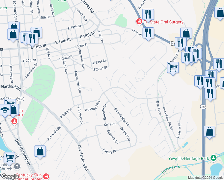 map of restaurants, bars, coffee shops, grocery stores, and more near 2606 Landing Terrace in Owensboro