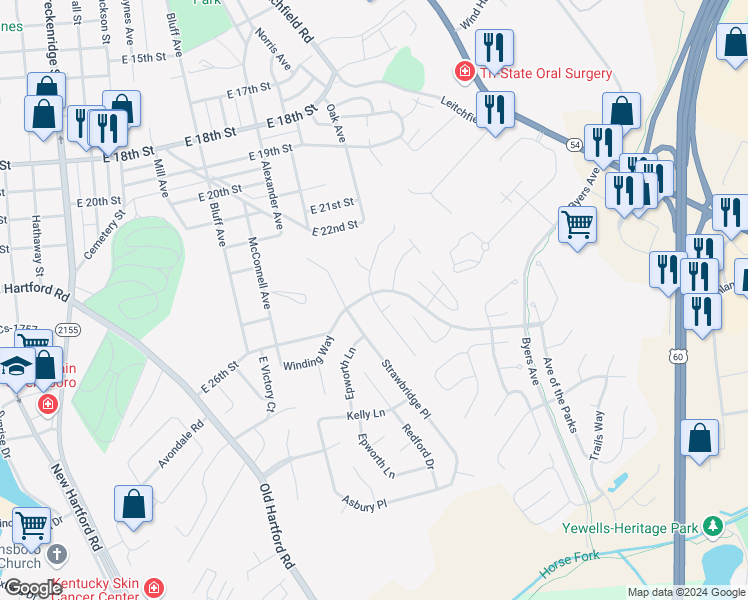 map of restaurants, bars, coffee shops, grocery stores, and more near Landing Terrace in Owensboro