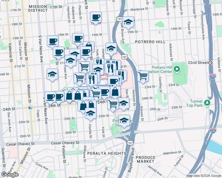 map of restaurants, bars, coffee shops, grocery stores, and more near 1075 Hampshire Street in San Francisco
