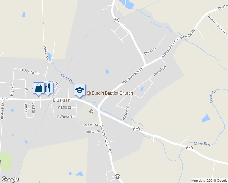 map of restaurants, bars, coffee shops, grocery stores, and more near 235 Pleasant Hill Drive in Harrodsburg