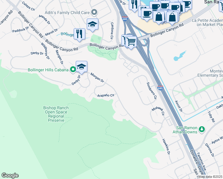 map of restaurants, bars, coffee shops, grocery stores, and more near 2865 Morgan Drive in San Ramon