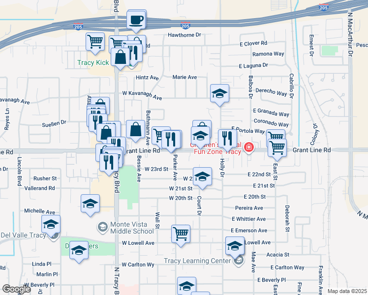 map of restaurants, bars, coffee shops, grocery stores, and more near 265 West Grant Line Road in Tracy