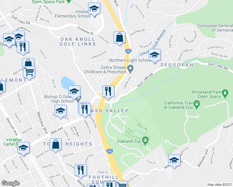 map of restaurants, bars, coffee shops, grocery stores, and more near 9690 Mountain Boulevard in Oakland