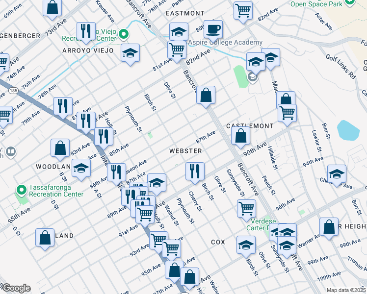 map of restaurants, bars, coffee shops, grocery stores, and more near 1939 Auseon Avenue in Oakland