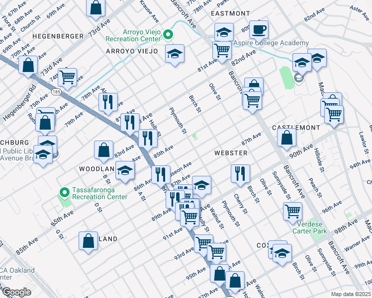 map of restaurants, bars, coffee shops, grocery stores, and more near 1706 85th Avenue in Oakland