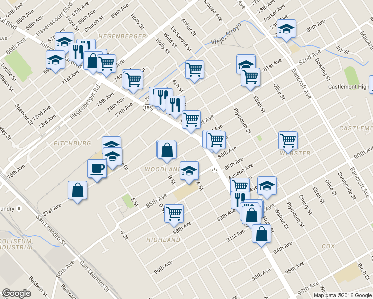 map of restaurants, bars, coffee shops, grocery stores, and more near 1344 82nd Avenue in Oakland
