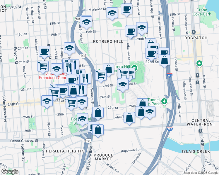 map of restaurants, bars, coffee shops, grocery stores, and more near 1185 Rhode Island Street in San Francisco