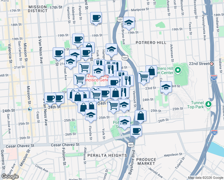 map of restaurants, bars, coffee shops, grocery stores, and more near in San Francisco