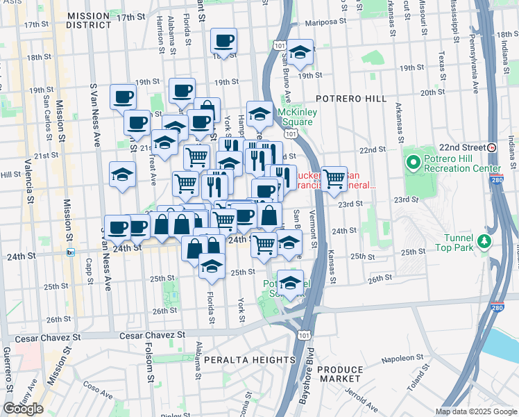map of restaurants, bars, coffee shops, grocery stores, and more near 1075 Hampshire Street in San Francisco