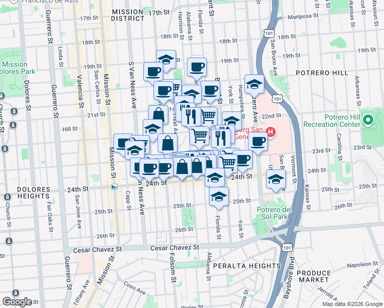 map of restaurants, bars, coffee shops, grocery stores, and more near 2887 22nd Street in San Francisco