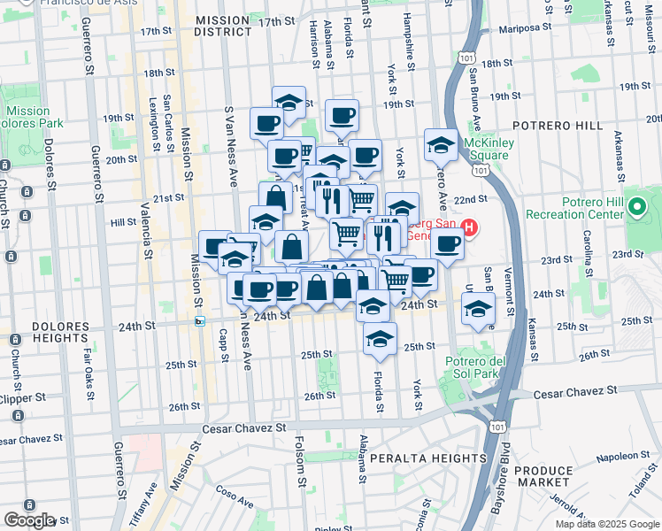 map of restaurants, bars, coffee shops, grocery stores, and more near 2887 22nd Street in San Francisco