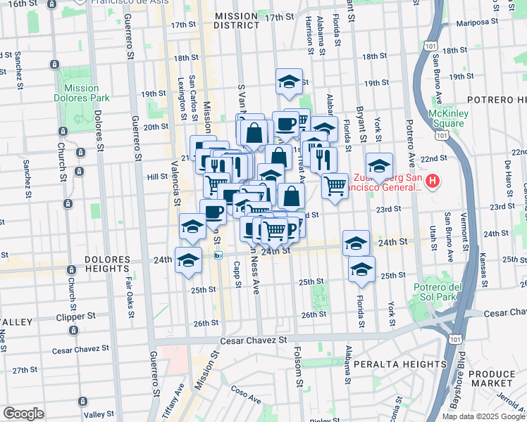 map of restaurants, bars, coffee shops, grocery stores, and more near 825 Shotwell Street in San Francisco