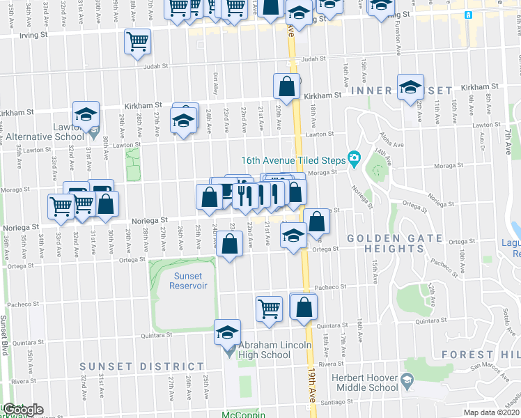 map of restaurants, bars, coffee shops, grocery stores, and more near 1750 22nd Avenue in San Francisco