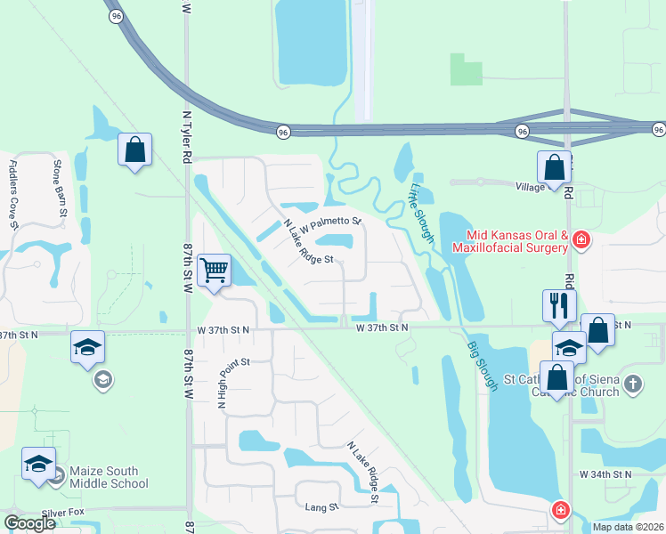 map of restaurants, bars, coffee shops, grocery stores, and more near 3906 North Lake Ridge Street in Wichita