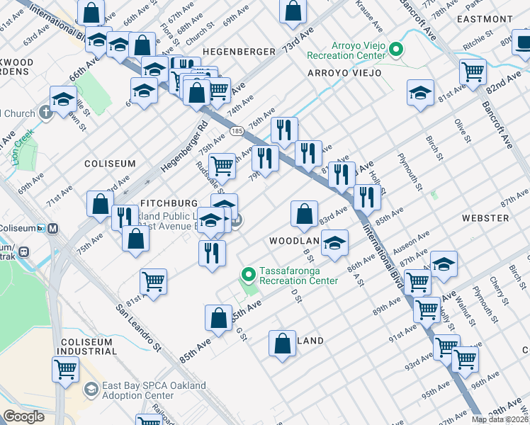 map of restaurants, bars, coffee shops, grocery stores, and more near 1241 81st Avenue in Oakland