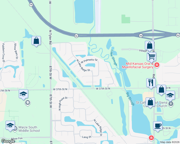map of restaurants, bars, coffee shops, grocery stores, and more near 3906 North Lake Ridge Street in Wichita