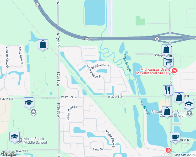 map of restaurants, bars, coffee shops, grocery stores, and more near 3926 North Lake Ridge Street in Wichita