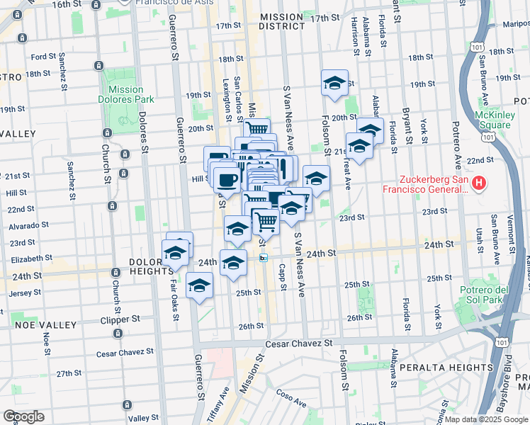 map of restaurants, bars, coffee shops, grocery stores, and more near 2619 Mission Street in San Francisco
