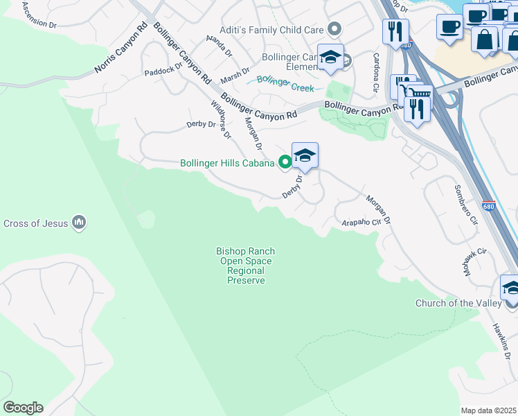 map of restaurants, bars, coffee shops, grocery stores, and more near 25 Gait Court in San Ramon