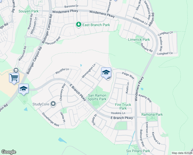 map of restaurants, bars, coffee shops, grocery stores, and more near 2723 Salisbury Way in San Ramon