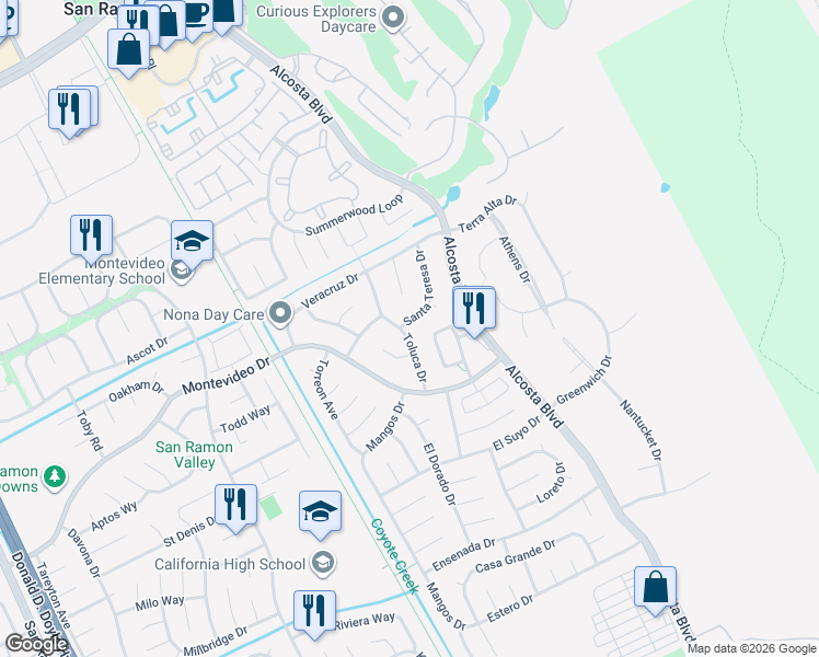 map of restaurants, bars, coffee shops, grocery stores, and more near 12203 Santa Teresa Drive in San Ramon