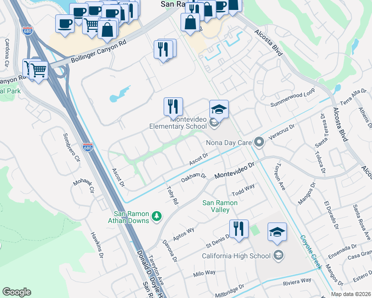 map of restaurants, bars, coffee shops, grocery stores, and more near 35 Shetland Court in San Ramon