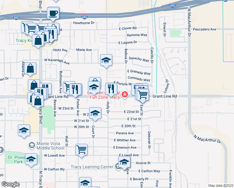 map of restaurants, bars, coffee shops, grocery stores, and more near 80 Portola Way in Tracy